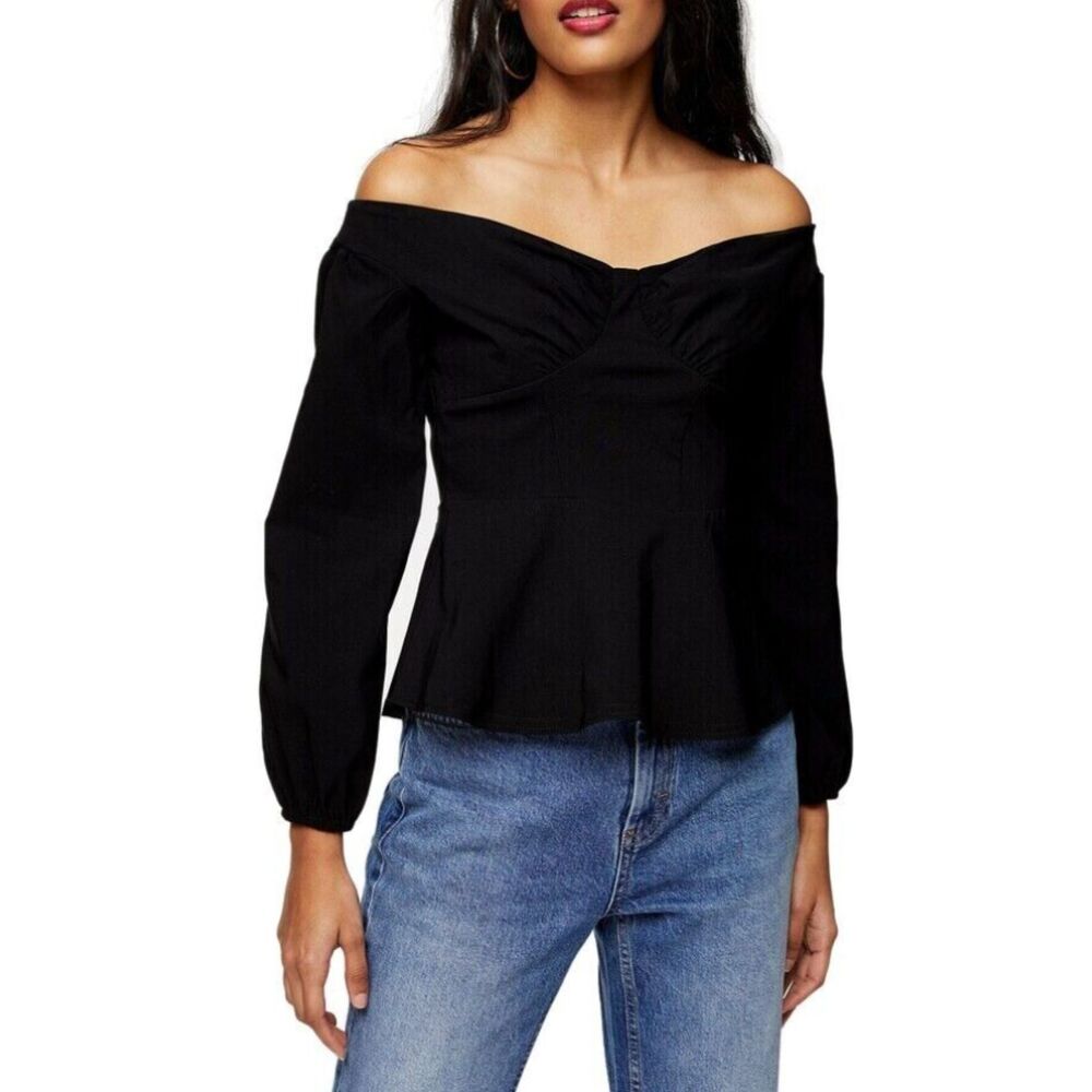 NWT Topshop Bengaline Off-The-Shoulder Black Long Sleeve Peplum Blouse Sz 6